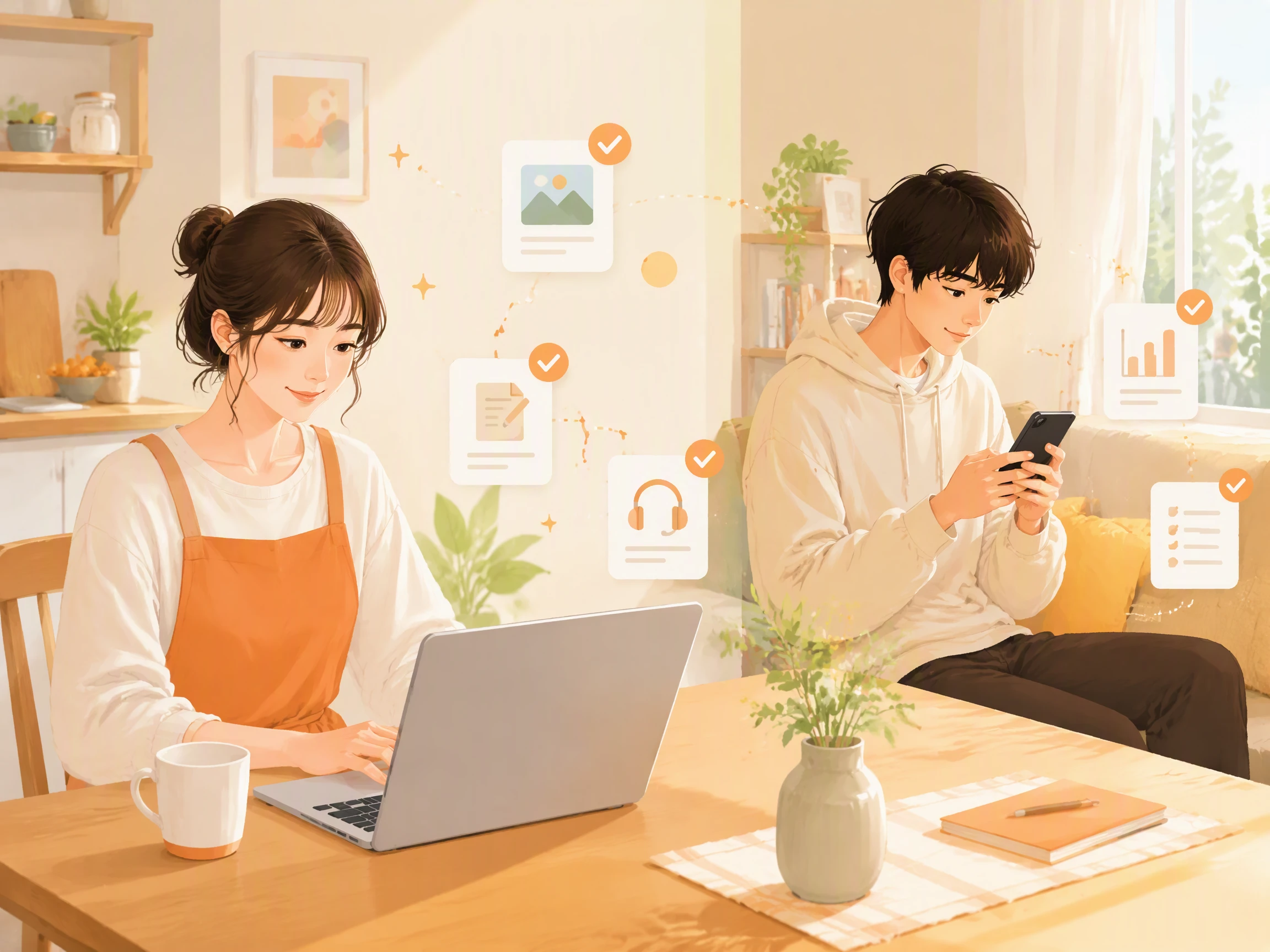 自宅でスマホやパソコンを使って短時間の仕事をする人たち